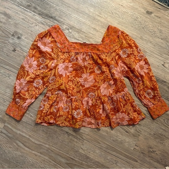 AMERICAN Eagle Orange Long Sleeve Square Neck Peasant Blouse Mixed Floral sz L - Picture 1 of 14
